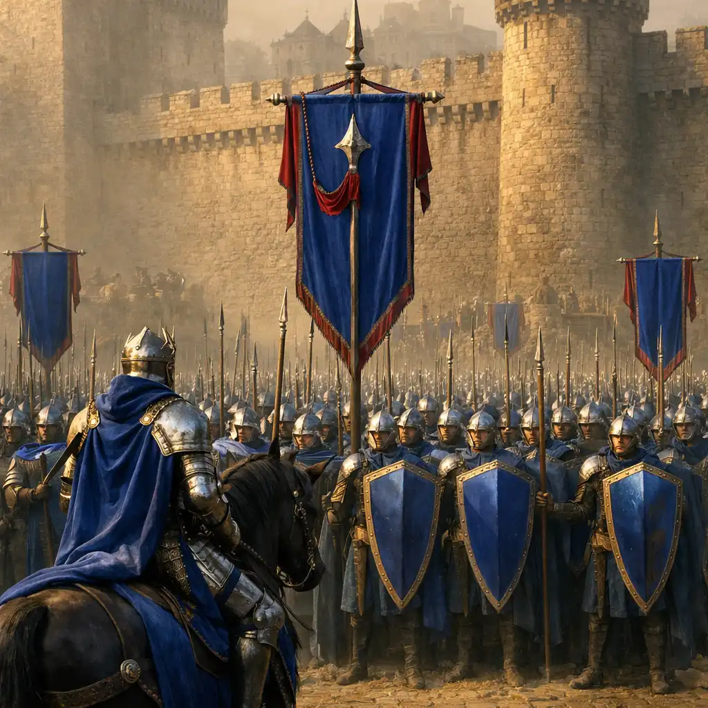Formacja piechoty Royal Realms pod murami twierdzy, ze sztandarem pośrodku