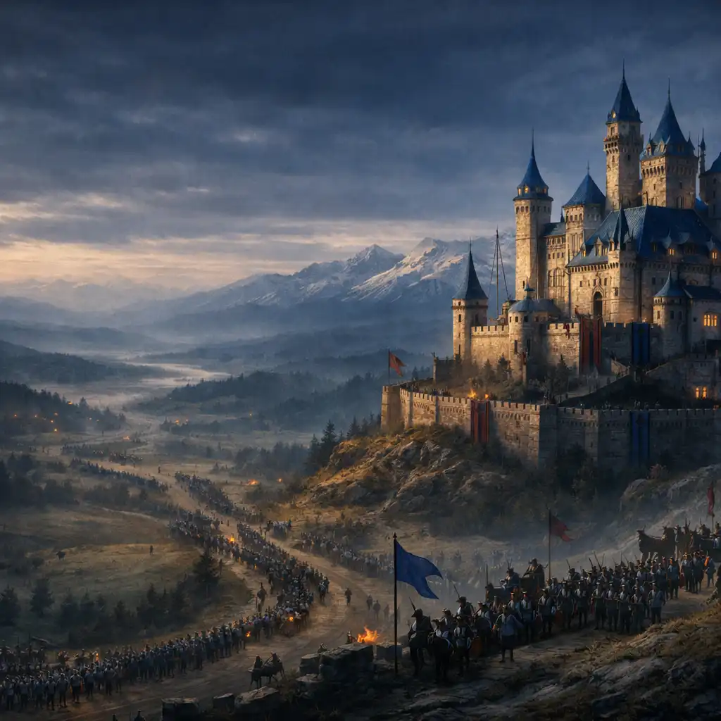 Rozległy zamek na wzgórzu i gromadzące się armie w świecie Royal Realms