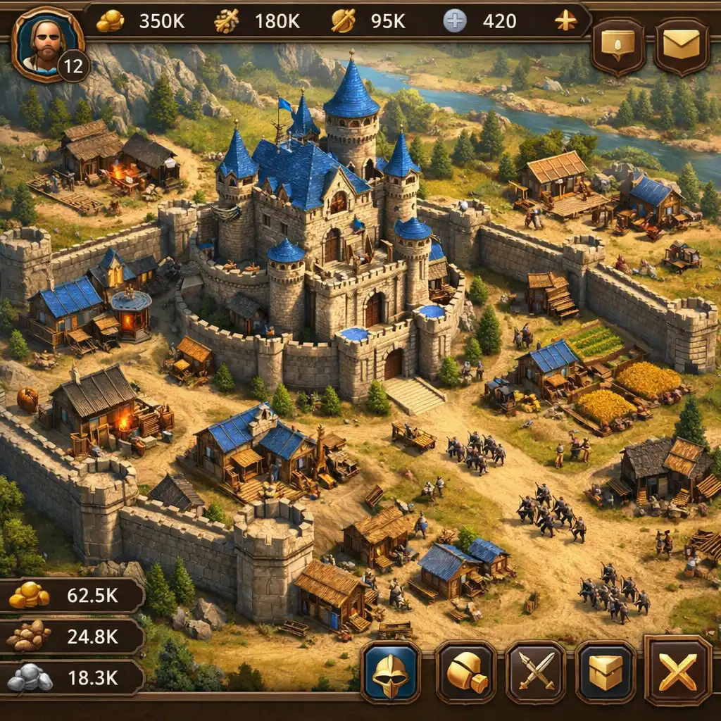 Widok rozbudowy kamiennego zamku i osady w Royal Realms