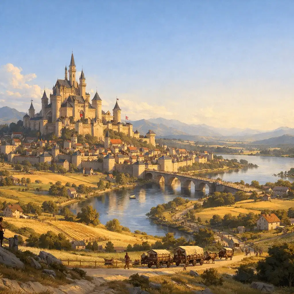 Panorama spokojnego królestwa po zwycięstwie, z drogami, polami i cytadelą
