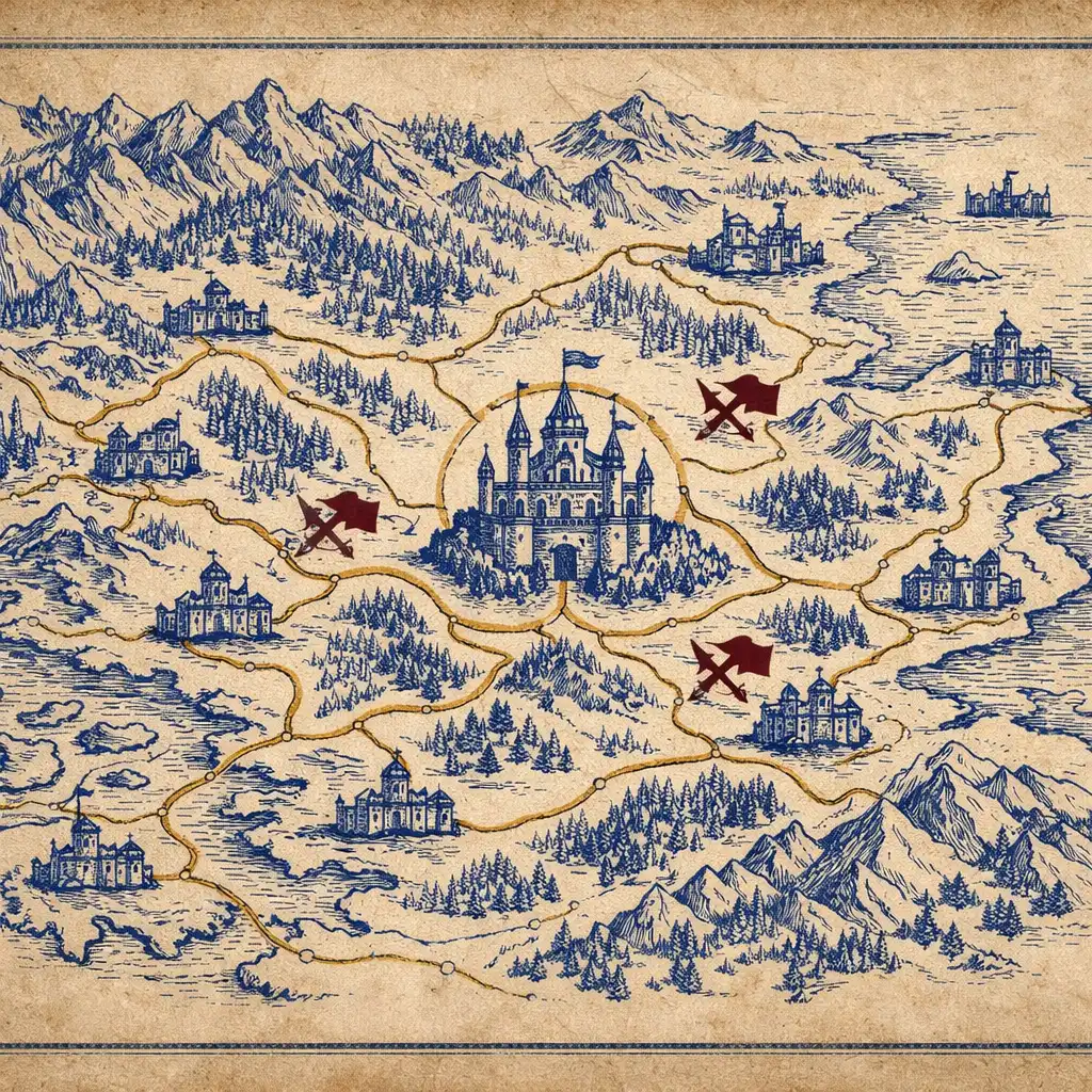 Pergaminowa mapa królestwa z drogami, górami, twierdzami i zaznaczonym zamkiem