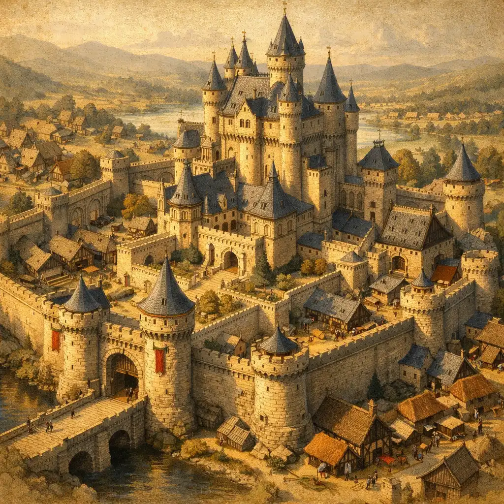 Fantastyczna twierdza z murami, bramą i zabudową królestwa w stylistyce Royal Realms