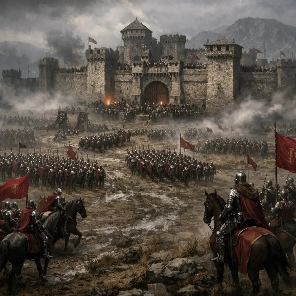 Fantasy bitwa przed kamienną fortecą z armiami i sztandarami