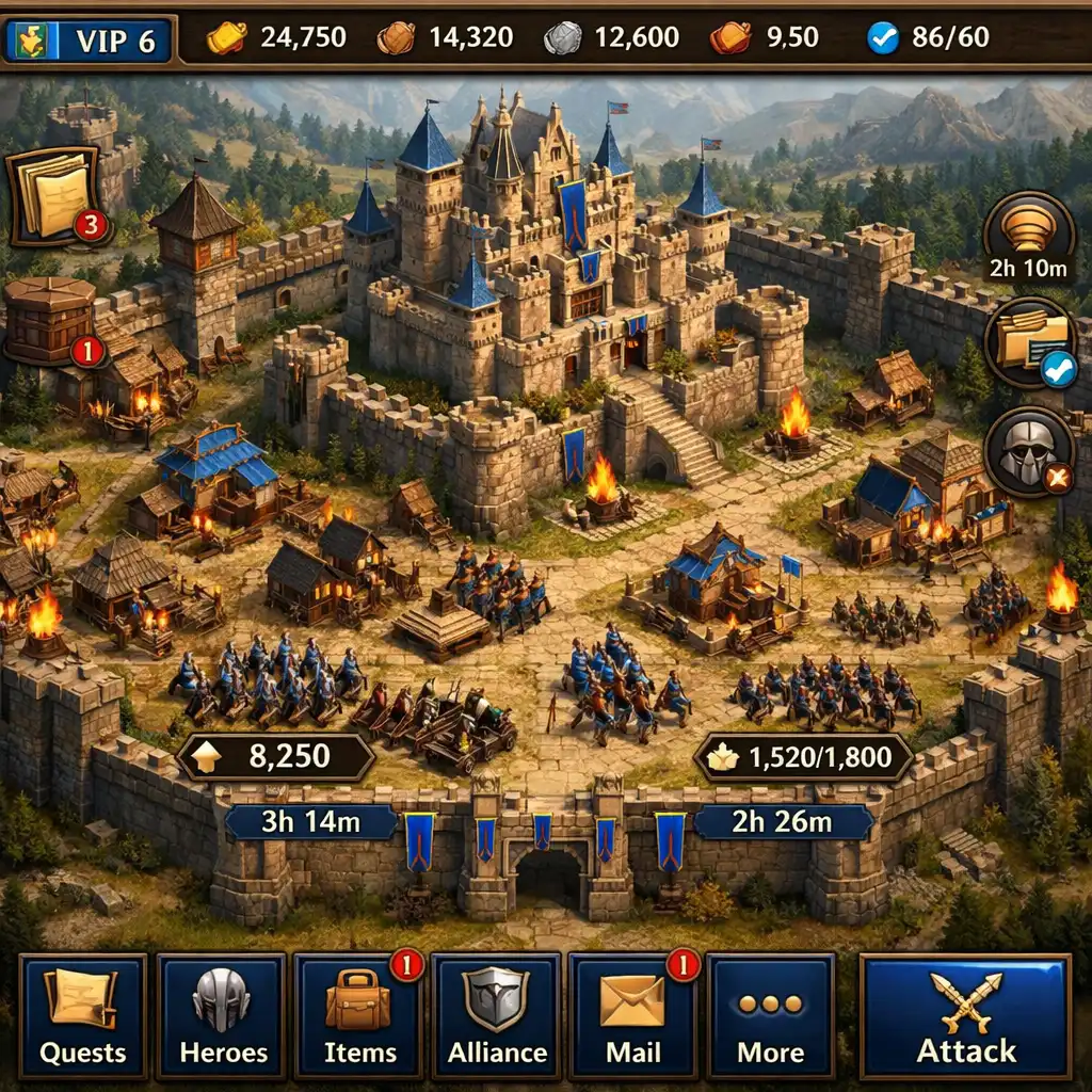 Widok fantasy zarządzania osadą i armią w stylu ekranu gry strategicznej