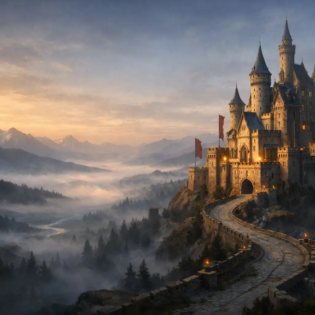 Zamek Royal Realms nad mglistą doliną o świcie