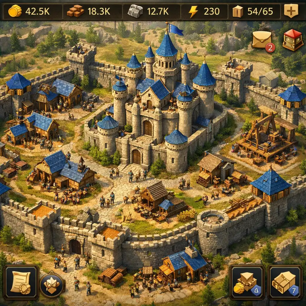 Widok budowy i rozwoju osady w Royal Realms