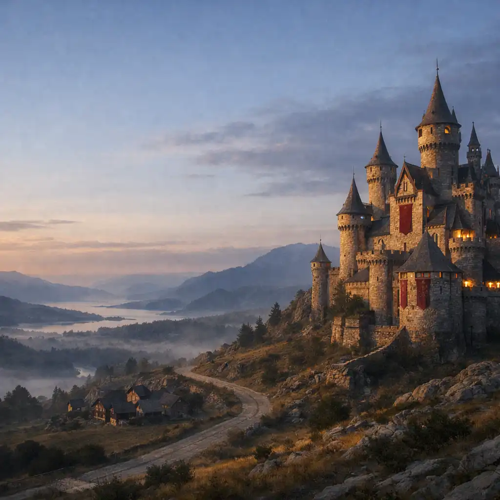 Zamek w fantastycznej dolinie o świcie w świecie Royal Realms